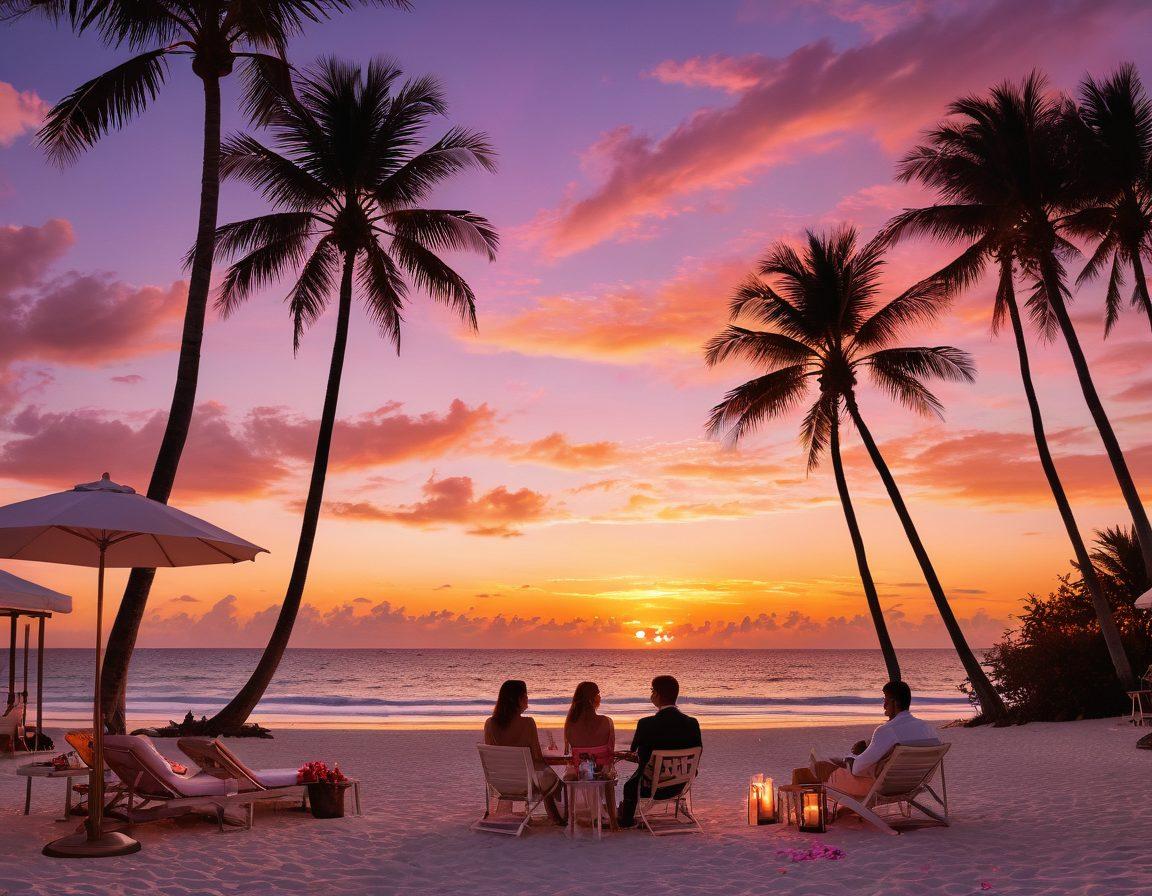 A stunning, panoramic view of Miami Beach at sunset, showcasing vibrant orange and pink hues in the sky. In the foreground, elegantly dressed couples enjoying a romantic evening on the beach, with palm trees swaying gently. Include elements of luxury, like cocktail glasses and a cozy beach lounge. Artfully blend the beach scene with ethereal illustrations symbolizing a 'seductive life', such as soft petals and blissful ambiance. super-realistic. vibrant colors. dramatic lighting.
