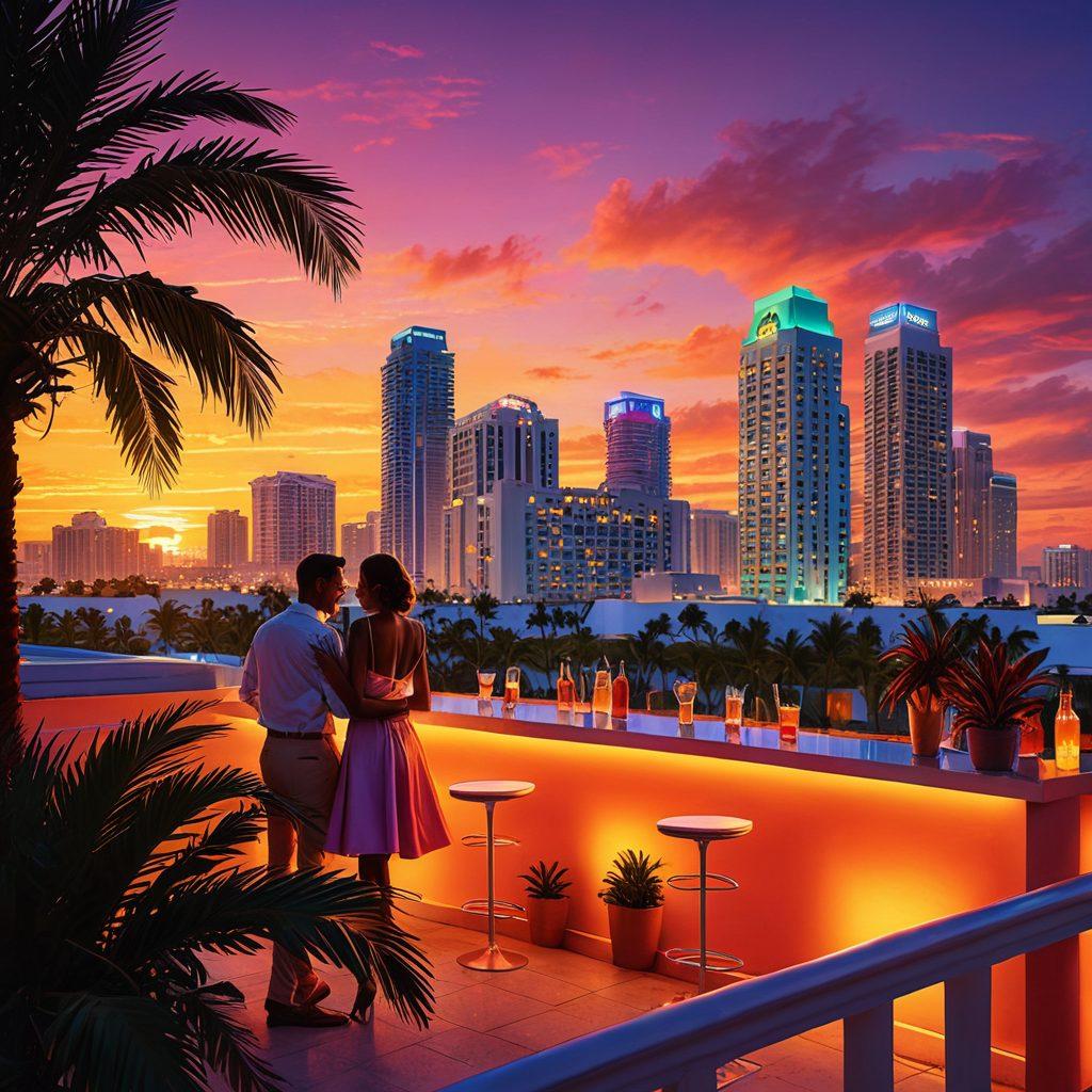 A vibrant sunset over South Florida's skyline, with playful silhouettes of couples engaging in flirtatious activities at a lively rooftop party. Include palm trees swaying gently in the breeze, colorful cocktails in hand, and a backdrop of neon lights that reflect the city's energetic nightlife. Emphasize a sense of joy and adventure, with intriguing art deco architecture in the background. vibrant colors. super-realistic.