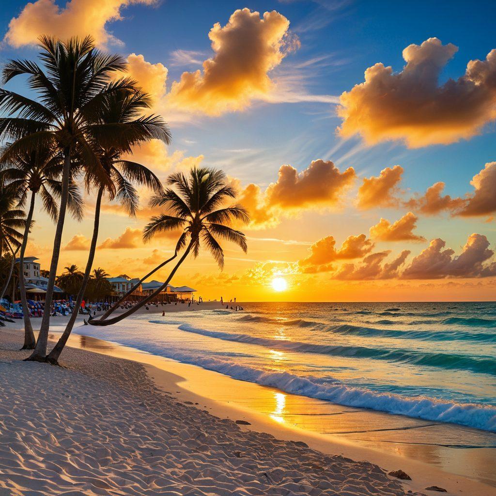A sun-soaked Miami beach scene featuring vibrant palm trees, people joyfully laughing and playing beach volleyball, colorful umbrellas dotting the sandy shore, and a clear blue sky with fluffy white clouds. Incorporate elements of art like musical notes floating in the air and a cheerful sunrise illuminating the ocean waves. tropical, vibrant colors, super-realistic.